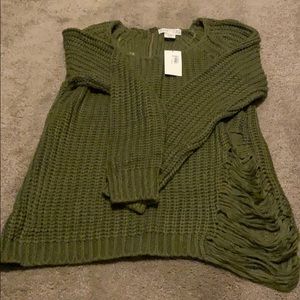 Green cable knit distressed sweater